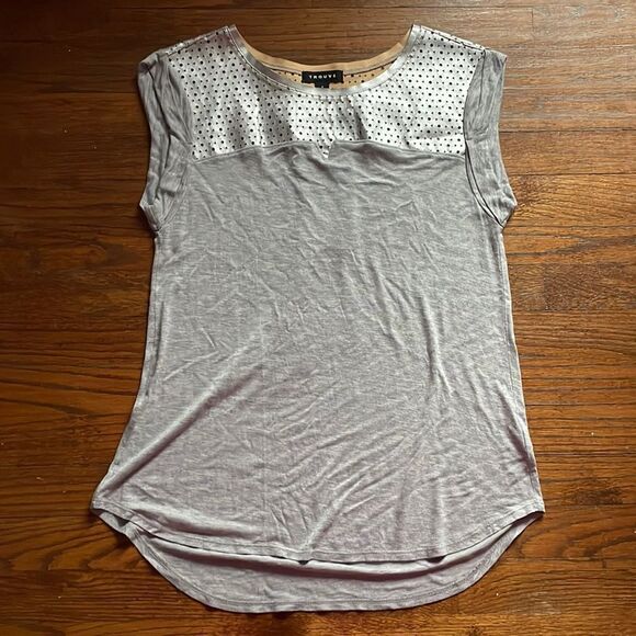 Trouvé Gray Tee with Silver Geometric Faux Leather Yoke - Picture 1 of 5